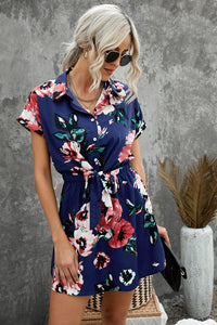 Udressshop Floral Shirt Collar Short Sleeve Mini Dress