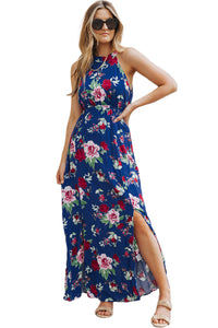 Udressshop Blue Halter Neck Sleeveless Floral Dress with Slits