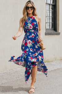 Udressshop Blue Halter Neck Sleeveless Floral Dress with Slits