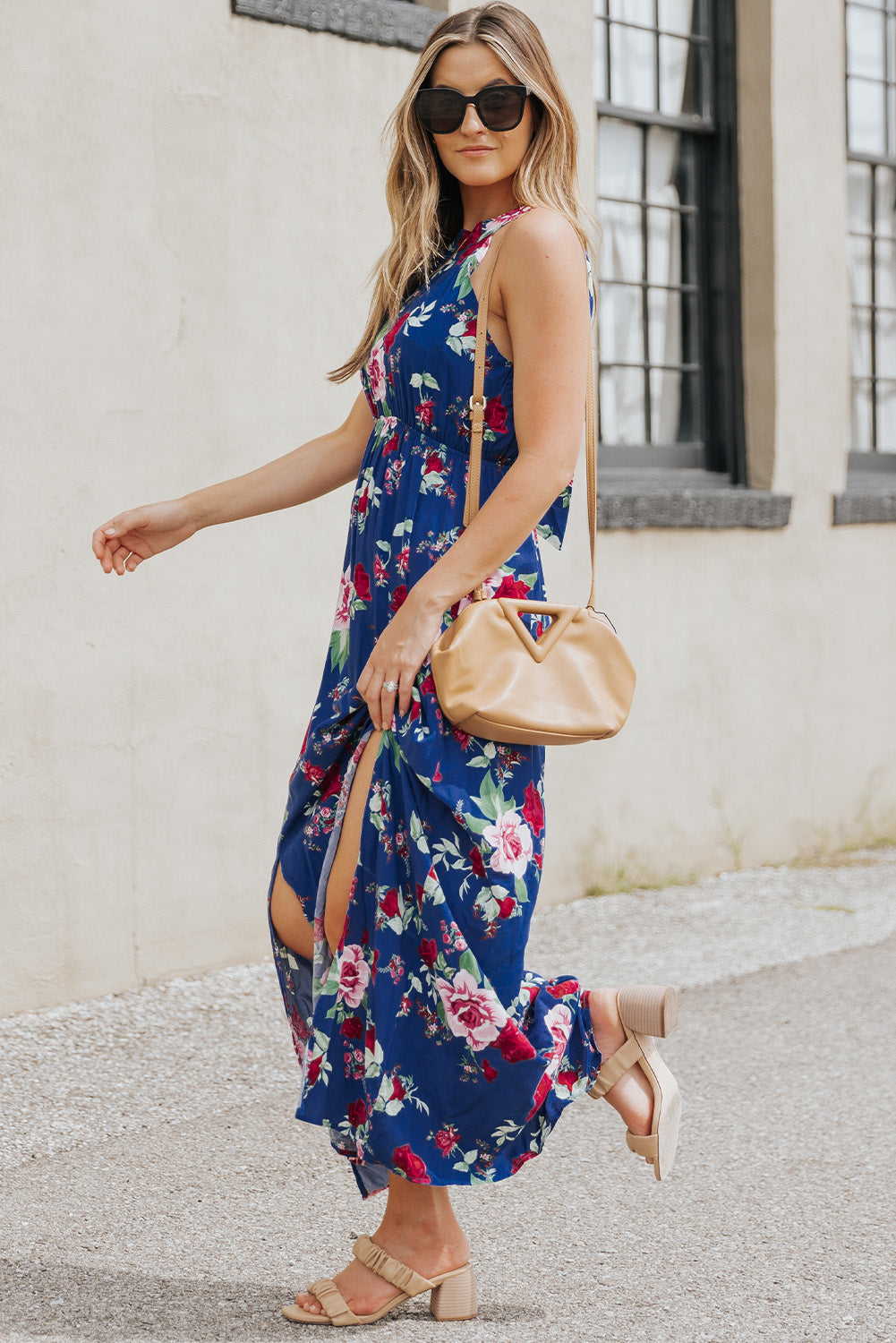 Udressshop Blue Halter Neck Sleeveless Floral Dress with Slits