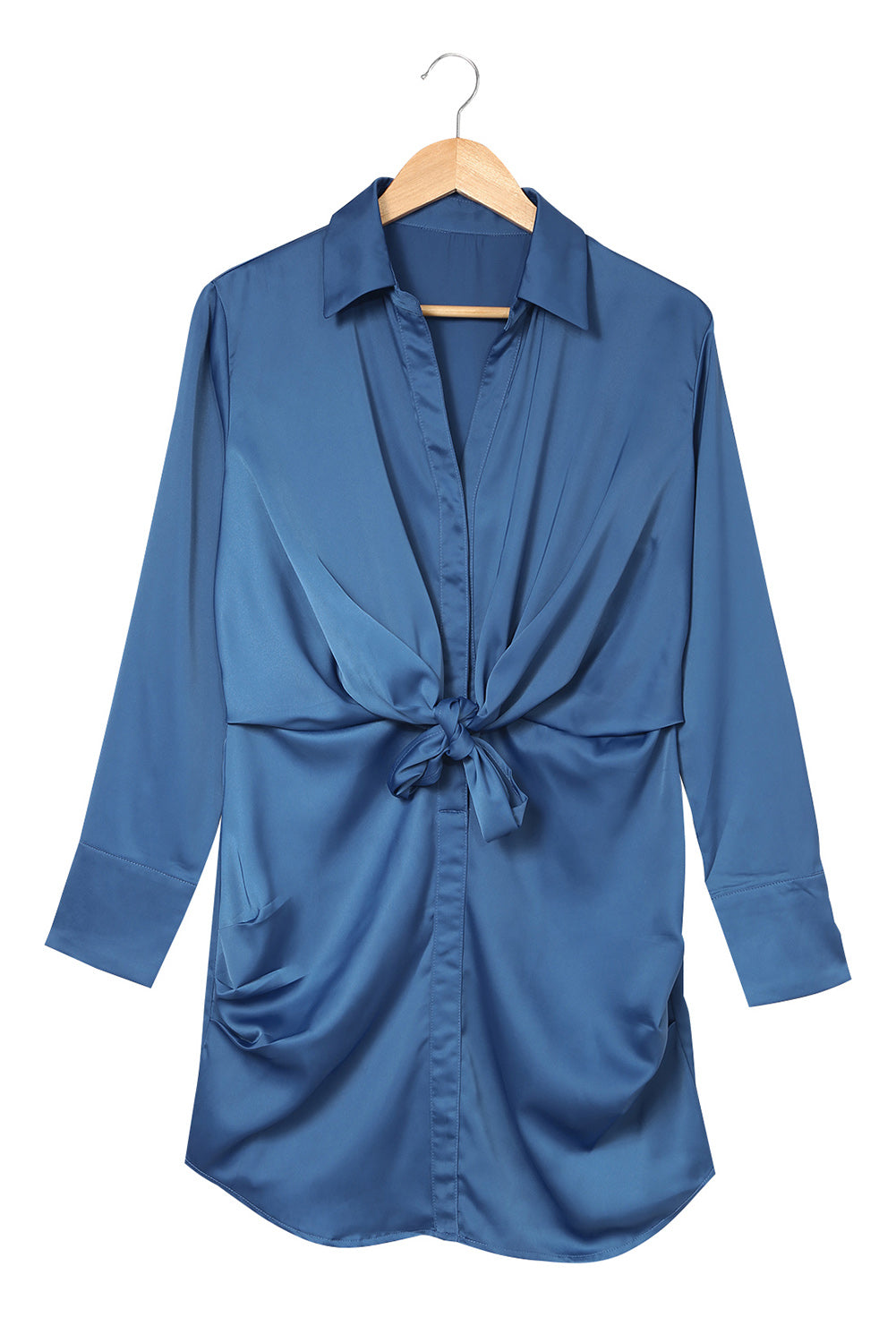 Udressshop Blue Ruched Front Tie Buttoned Long Sleeve Shirt Dress