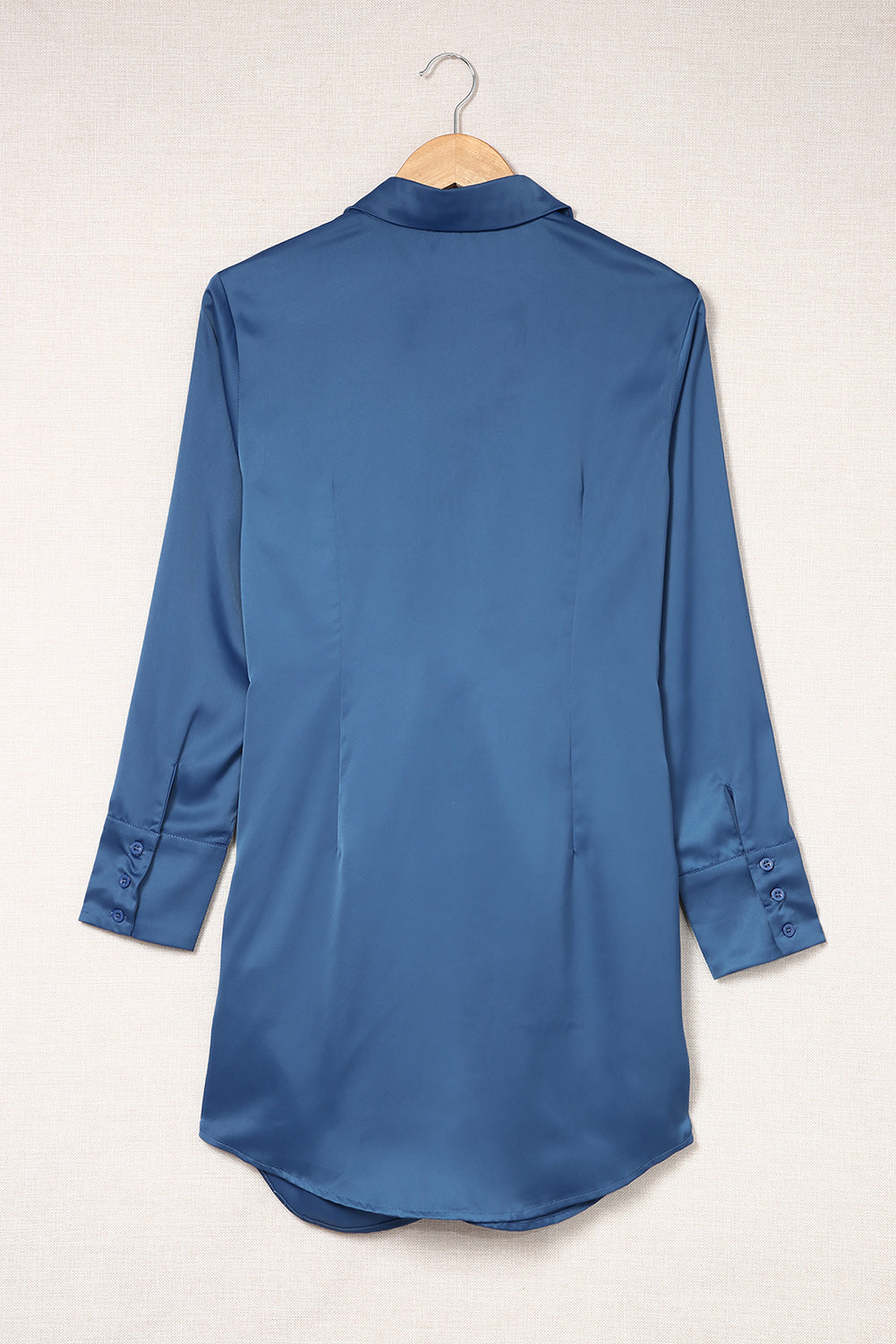 Udressshop Blue Ruched Front Tie Buttoned Long Sleeve Shirt Dress