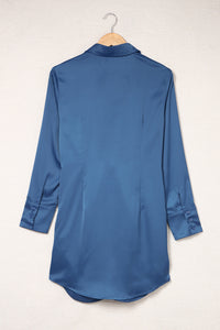 Udressshop Blue Ruched Front Tie Buttoned Long Sleeve Shirt Dress