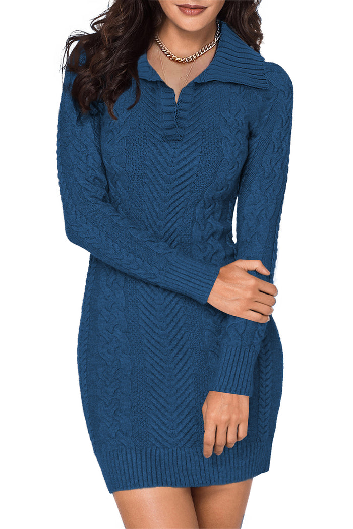 Udressshop Blue Turn-down Neck Cable Knit Women's Long Sleeve Winter Sweater Dress