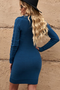 Udressshop Blue Turn-down Neck Cable Knit Women's Long Sleeve Winter Sweater Dress