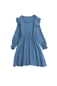 Udressshop Blue V Neck Puff Sleeves Crinkled Tunic Mini Dress