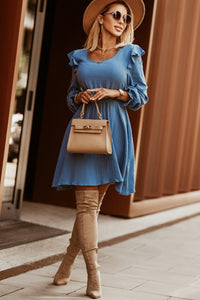 Udressshop Blue V Neck Puff Sleeves Crinkled Tunic Mini Dress