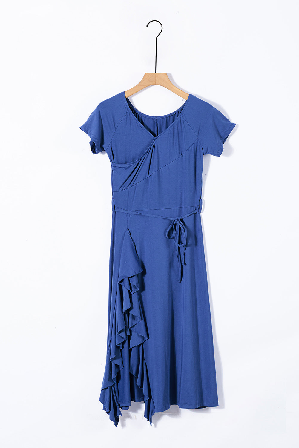 Udressshop Blue V Neck Short Sleeve Ruffle Belted Midi Dress