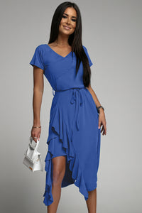 Udressshop Blue V Neck Short Sleeve Ruffle Belted Midi Dress