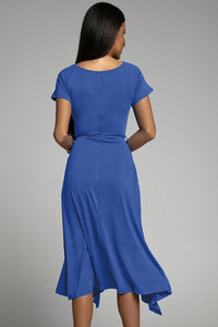 Udressshop Blue V Neck Short Sleeve Ruffle Belted Midi Dress