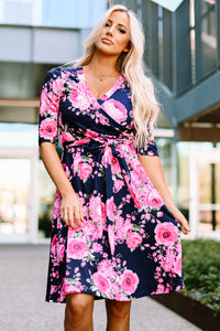 Udressshop Blue Wrap V Neck Floral Dress with Belt