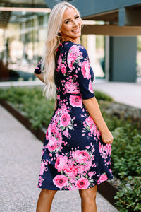 Udressshop Blue Wrap V Neck Floral Dress with Belt