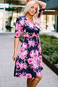 Udressshop Blue Wrap V Neck Floral Dress with Belt