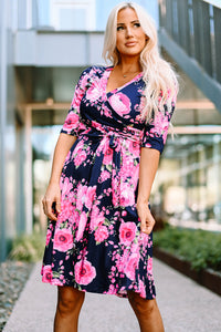 Udressshop Blue Wrap V Neck Floral Dress with Belt