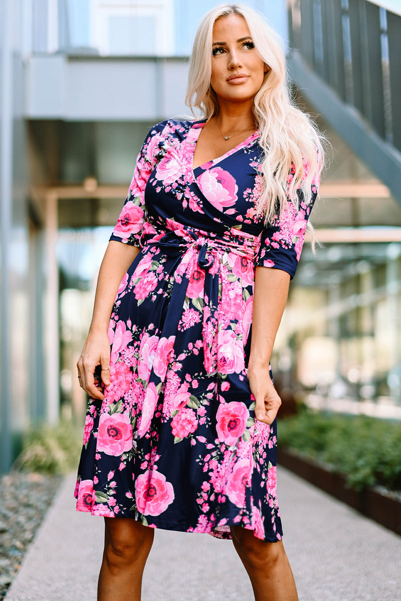 Udressshop Blue Wrap V Neck Floral Dress with Belt