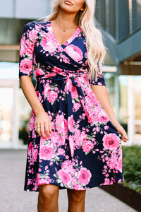 Udressshop Blue Wrap V Neck Floral Dress with Belt