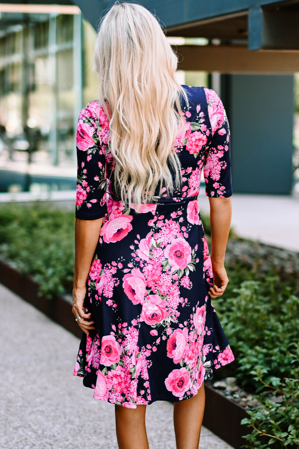 Udressshop Blue Wrap V Neck Floral Dress with Belt