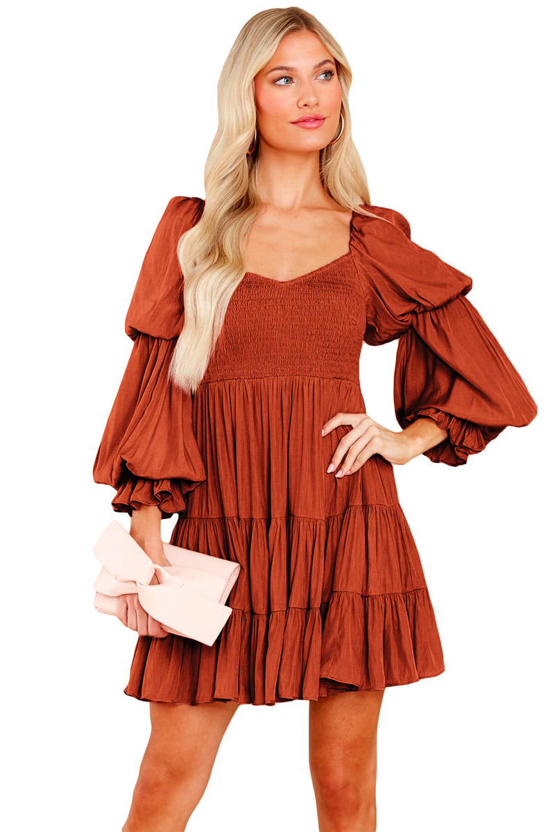 Udressshop Boho Solid Shirred Ruffle Mini Dress