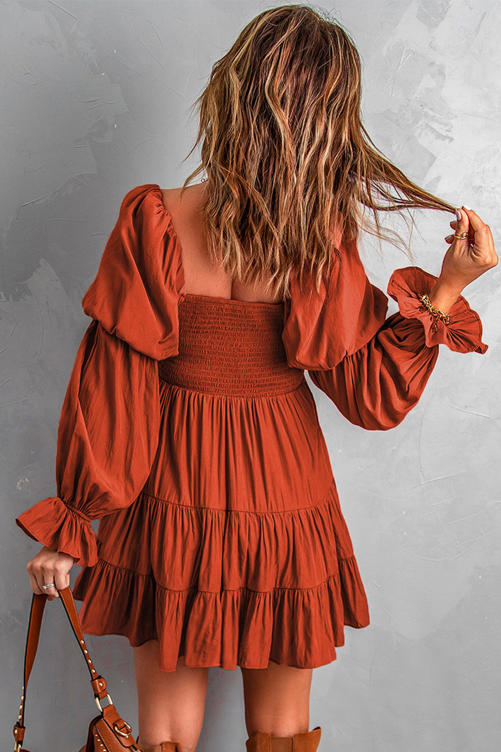 Udressshop Boho Solid Shirred Ruffle Mini Dress