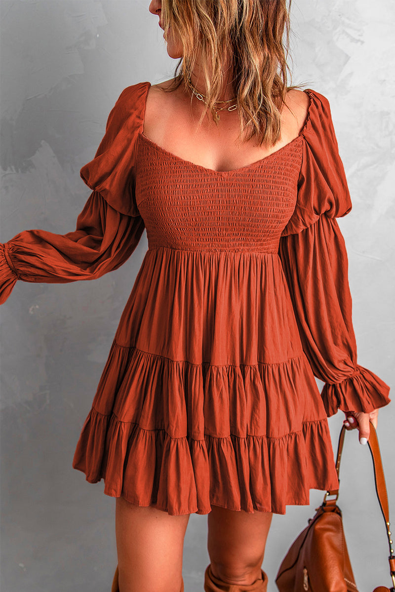 Udressshop Boho Solid Shirred Ruffle Mini Dress