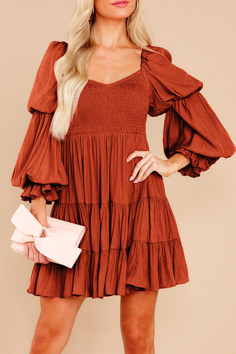 Udressshop Boho Solid Shirred Ruffle Mini Dress