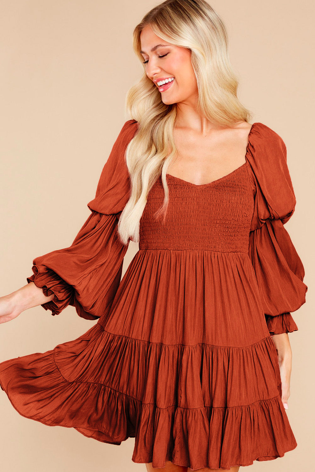 Udressshop Boho Solid Shirred Ruffle Mini Dress