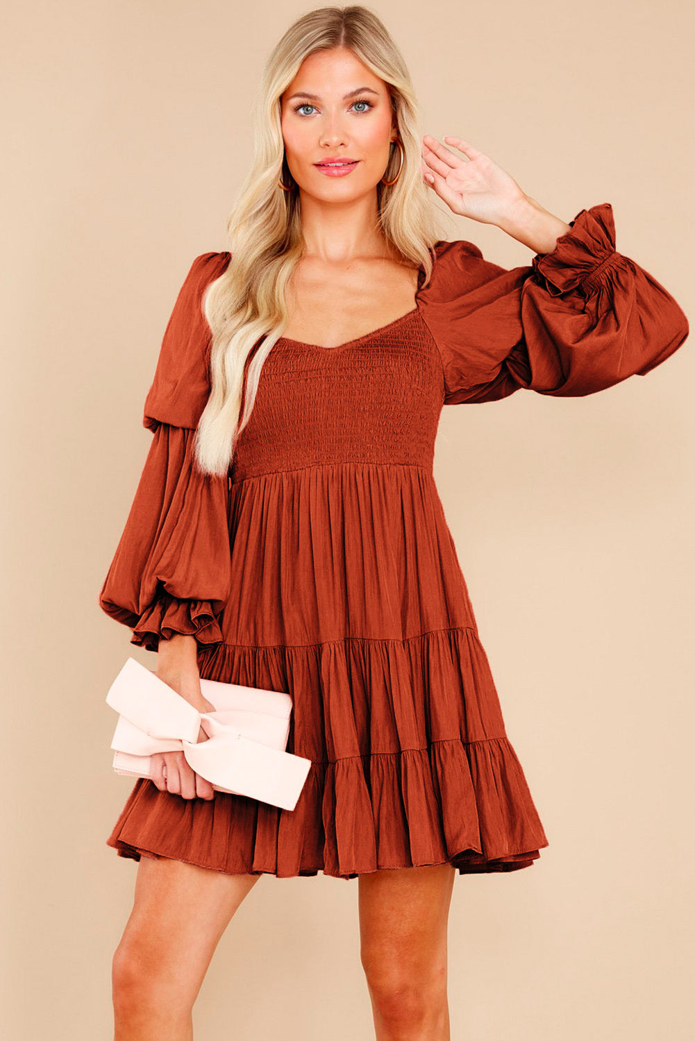 Udressshop Boho Solid Shirred Ruffle Mini Dress