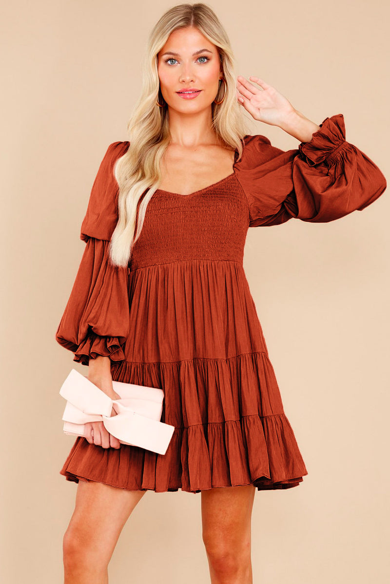 Udressshop Boho Solid Shirred Ruffle Mini Dress