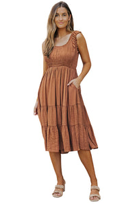 Udressshop Brown Smocked Ruched Sleeveless High Waist Midi Dress