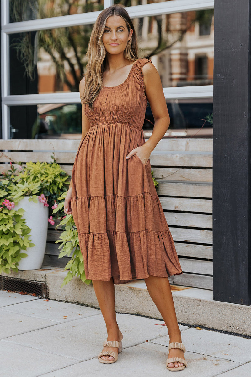 Udressshop Brown Smocked Ruched Sleeveless High Waist Midi Dress