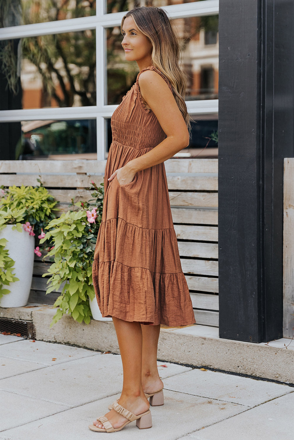 Udressshop Brown Smocked Ruched Sleeveless High Waist Midi Dress