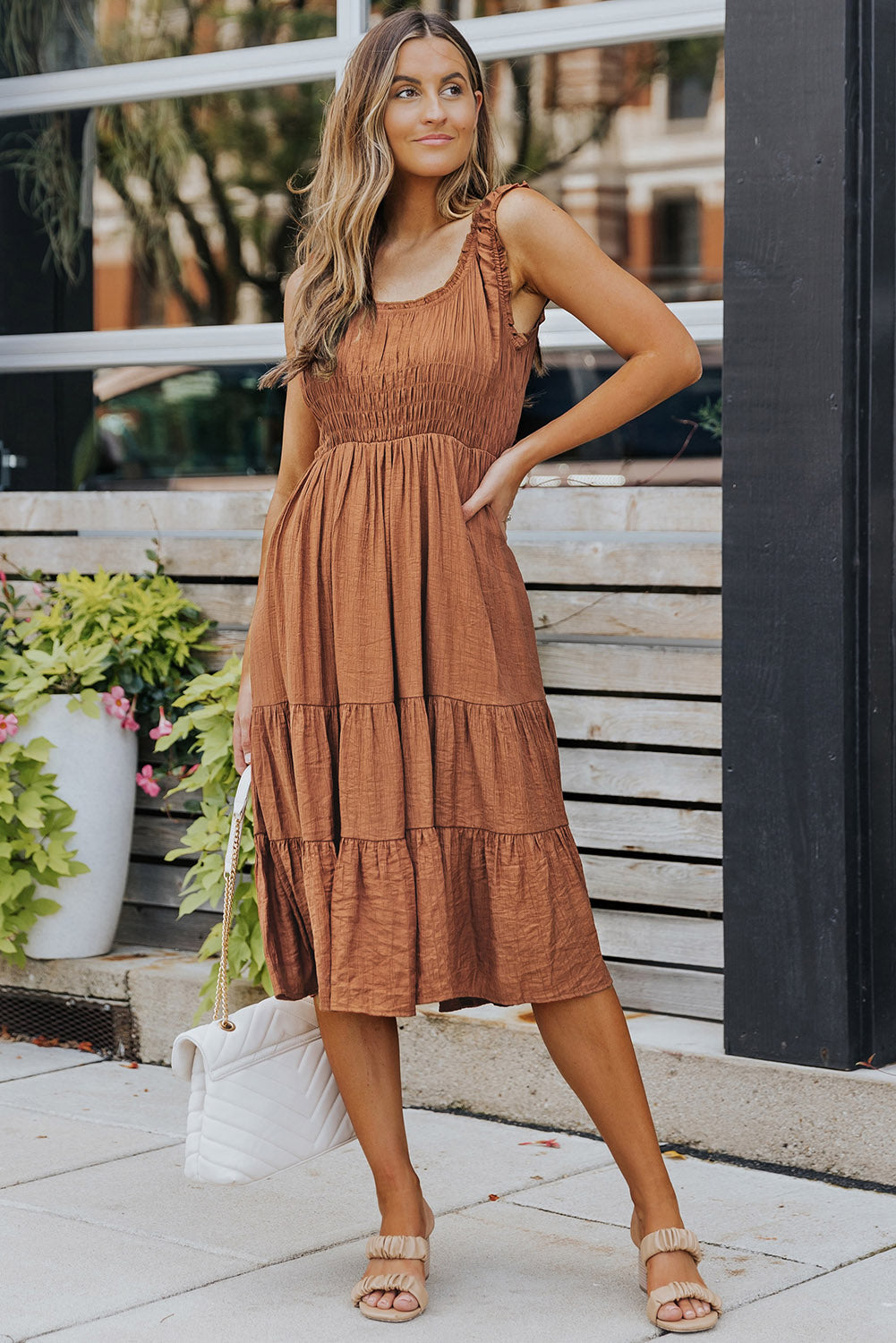 Udressshop Brown Smocked Ruched Sleeveless High Waist Midi Dress