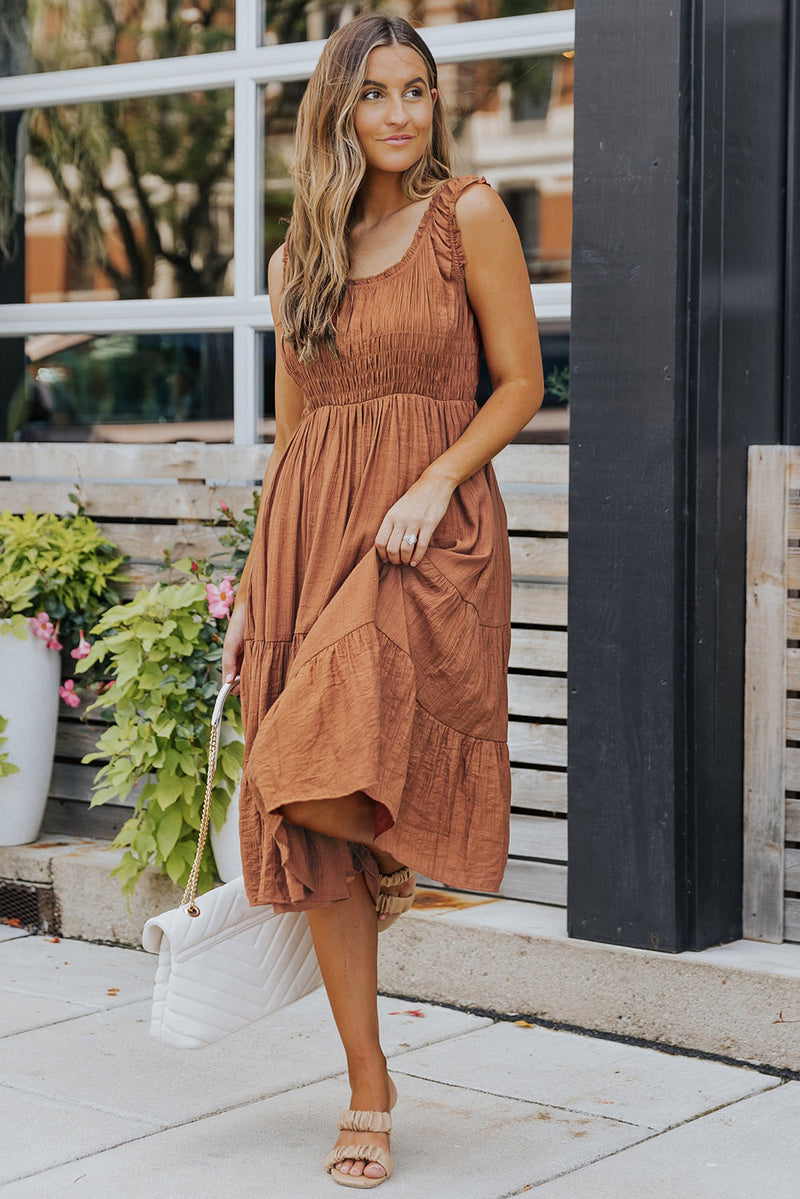 Udressshop Brown Smocked Ruched Sleeveless High Waist Midi Dress