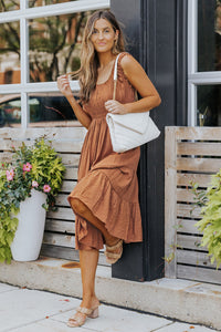 Udressshop Brown Smocked Ruched Sleeveless High Waist Midi Dress