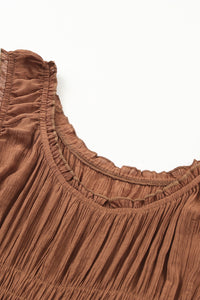 Udressshop Brown Smocked Ruched Sleeveless High Waist Midi Dress