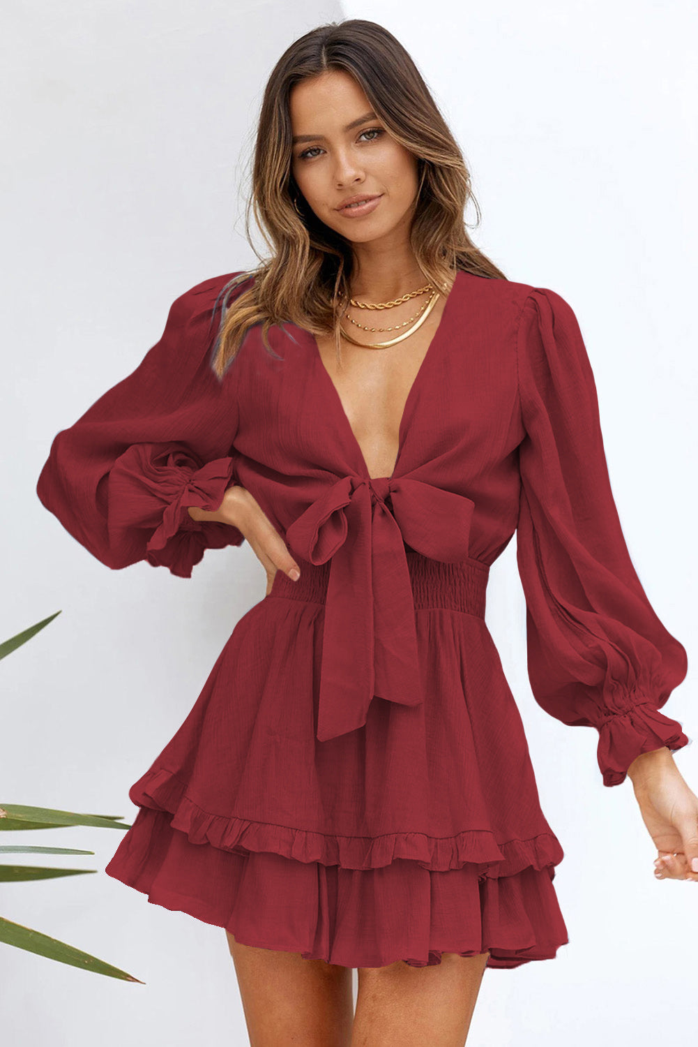 Deep V Neck Lantern Sleeve Knotted Tiered Long Sleeve Women's Mini Dress