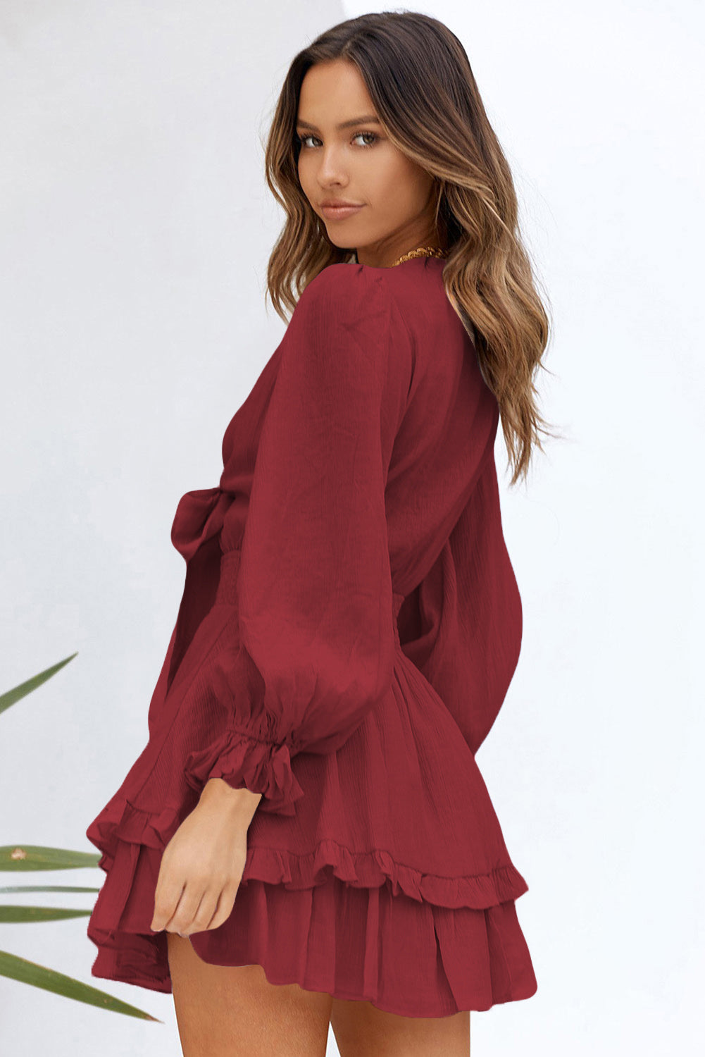 Deep V Neck Lantern Sleeve Knotted Tiered Long Sleeve Women's Mini Dress