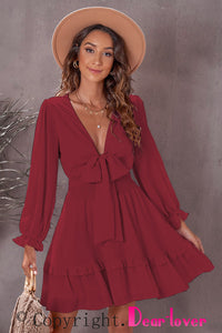 Deep V Neck Lantern Sleeve Knotted Tiered Long Sleeve Women's Mini Dress