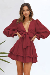 Deep V Neck Lantern Sleeve Knotted Tiered Long Sleeve Women's Mini Dress