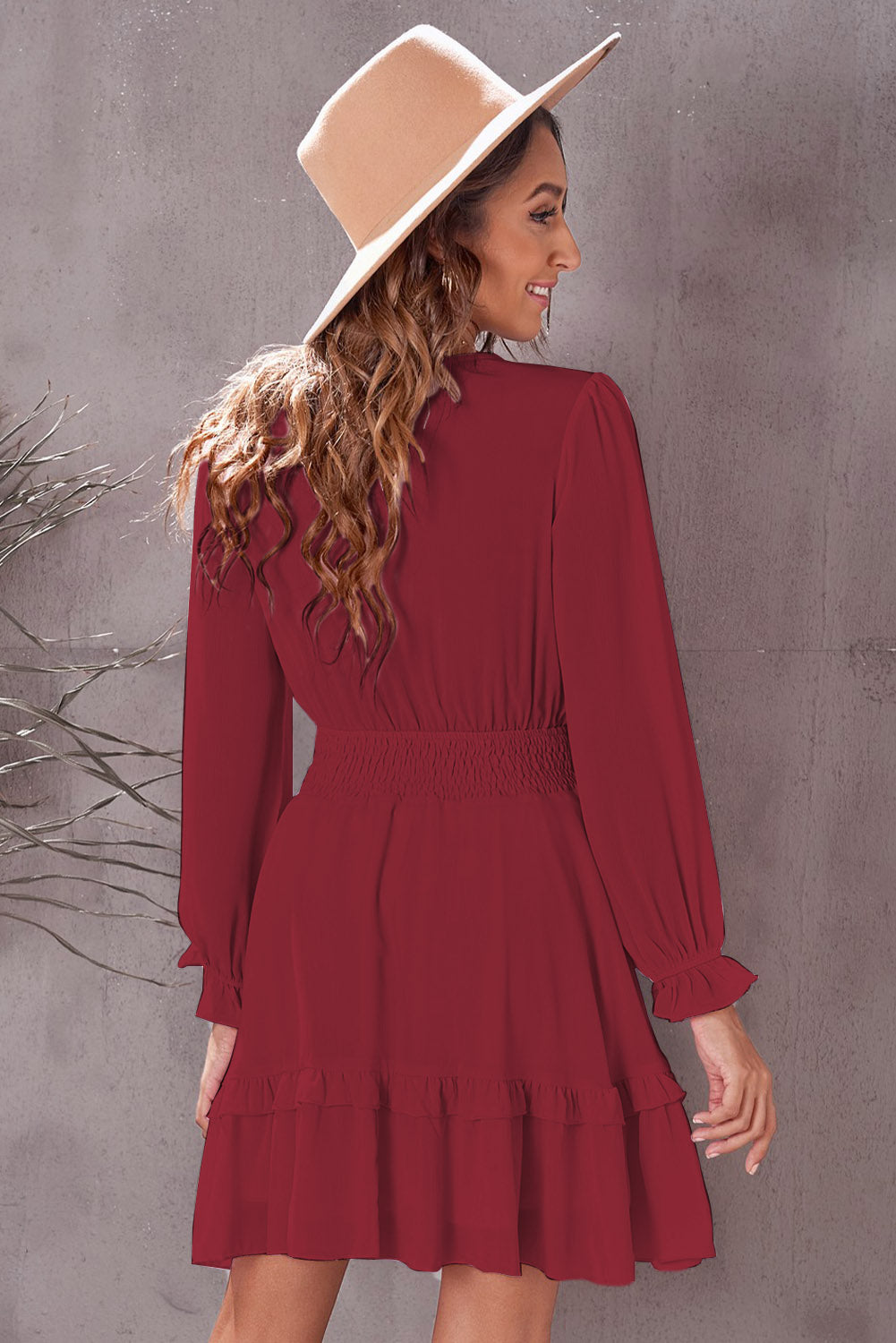 Deep V Neck Lantern Sleeve Knotted Tiered Long Sleeve Women's Mini Dress