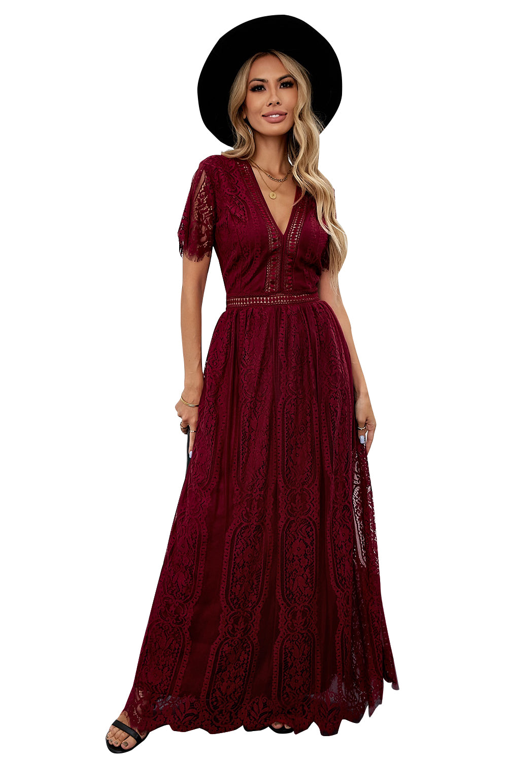 Udressshop Burgundy Deep V Neck Short Sleeve Lace Maxi Dress