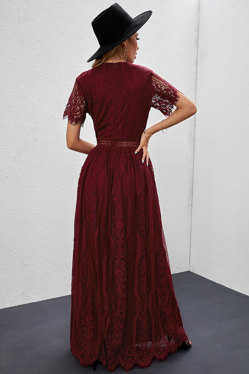 Udressshop Burgundy Deep V Neck Short Sleeve Lace Maxi Dress