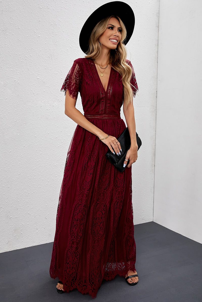 Udressshop Burgundy Deep V Neck Short Sleeve Lace Maxi Dress