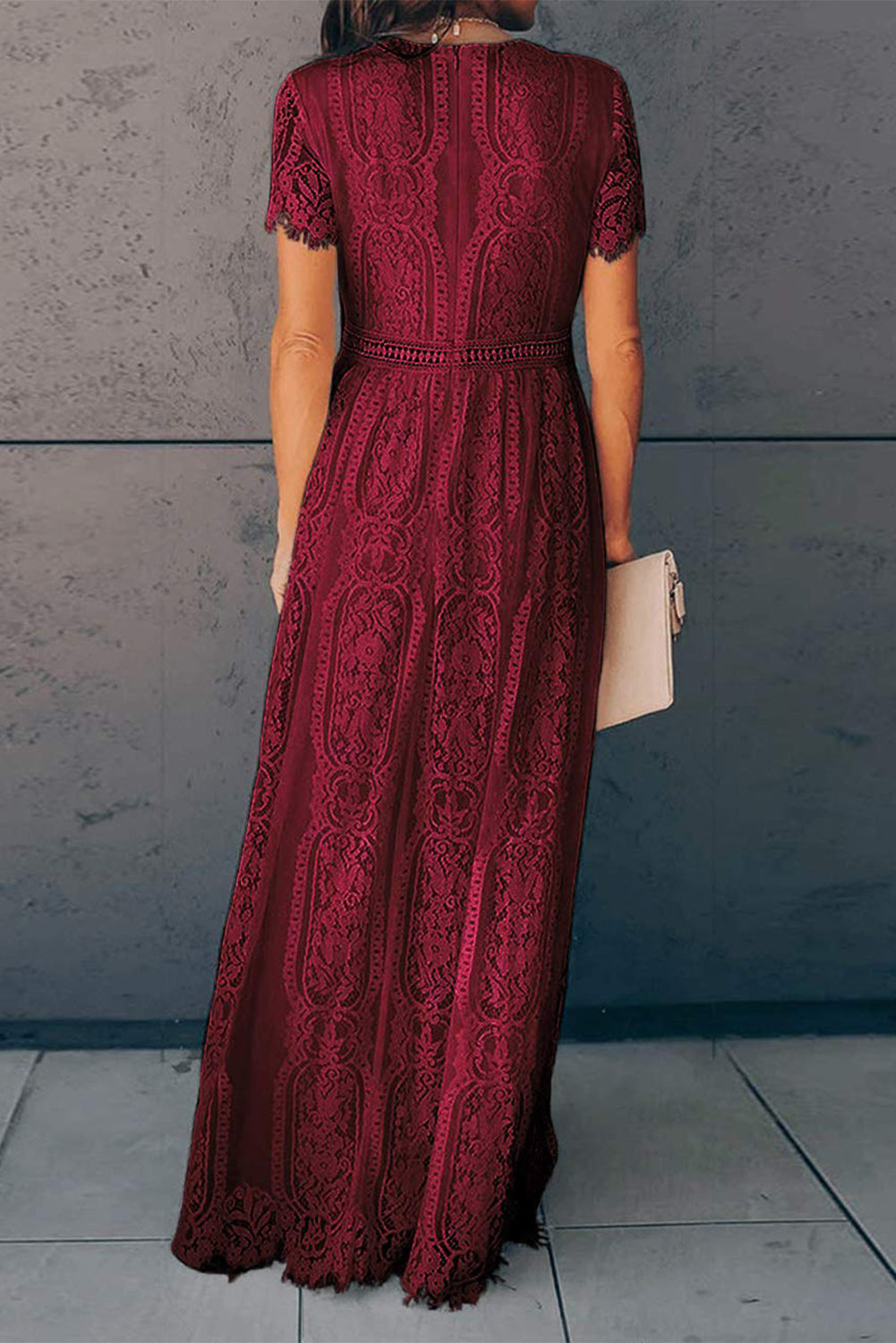 Udressshop Burgundy Deep V Neck Short Sleeve Lace Maxi Dress