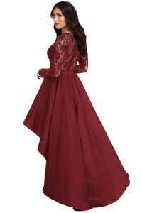 Udressshop Long Sleeve Lace High Low Satin Prom Evening Dress