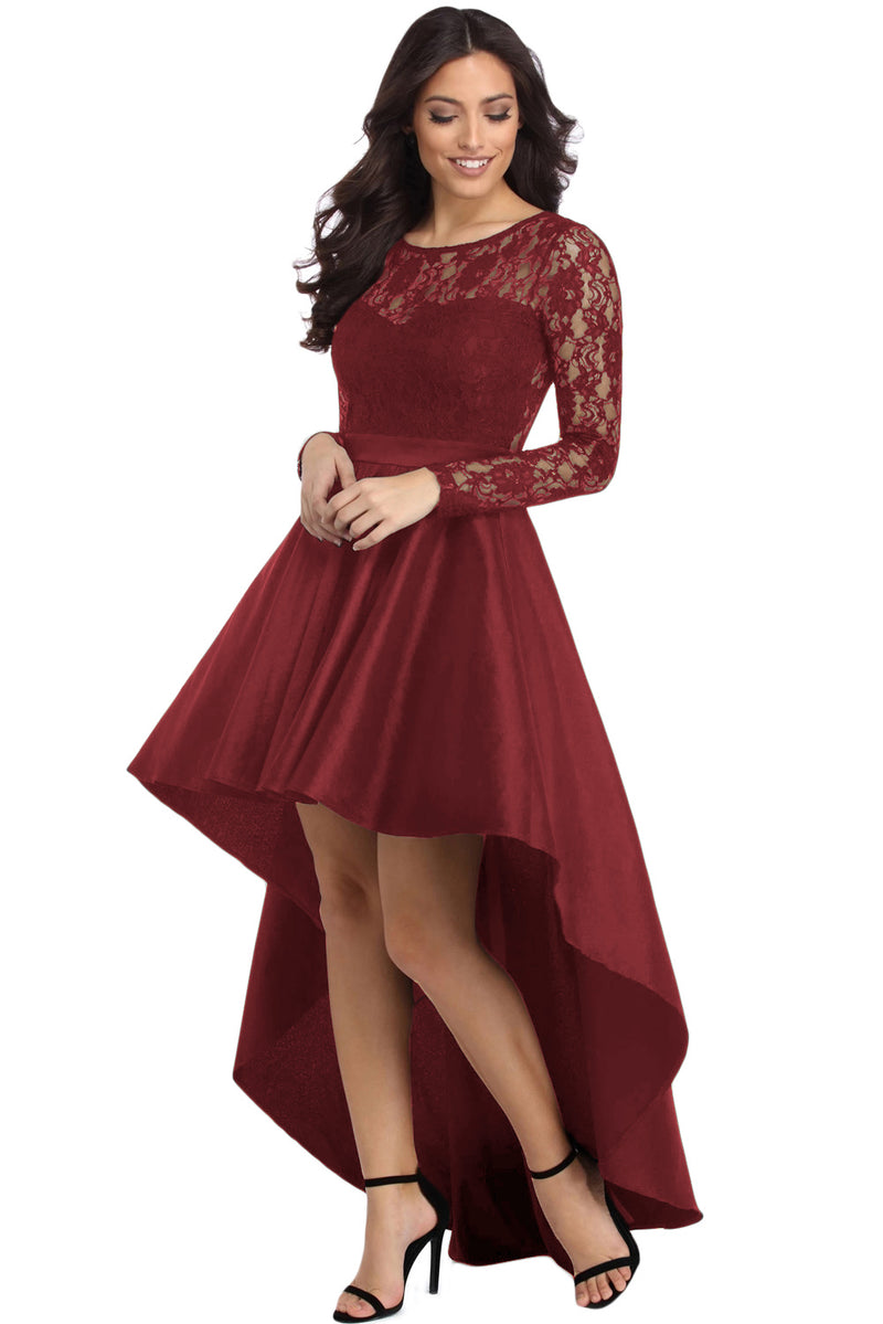 Udressshop Long Sleeve Lace High Low Satin Prom Evening Dress