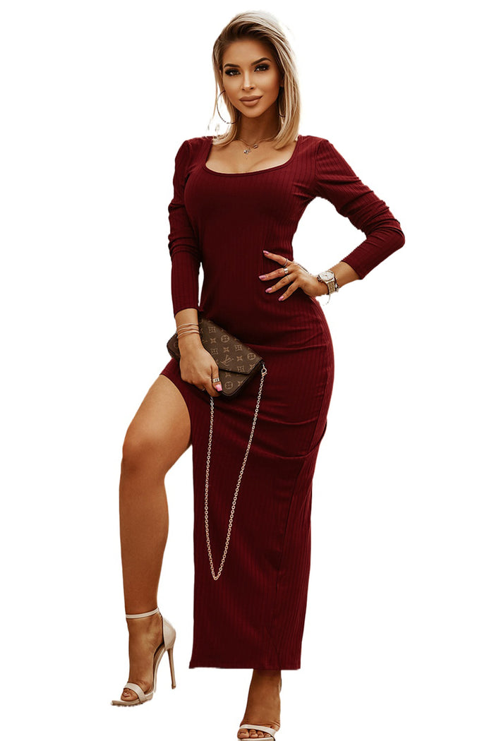 Udressshop Burgundy Scoop Neck Long Sleeve Rib Knit Bodycon Evening Dress with Split