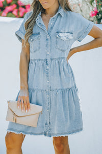 Udressshop Buttoned Frayed Pocket Short Sleeve Denim Dress