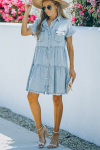 Udressshop Buttoned Frayed Pocket Short Sleeve Denim Dress