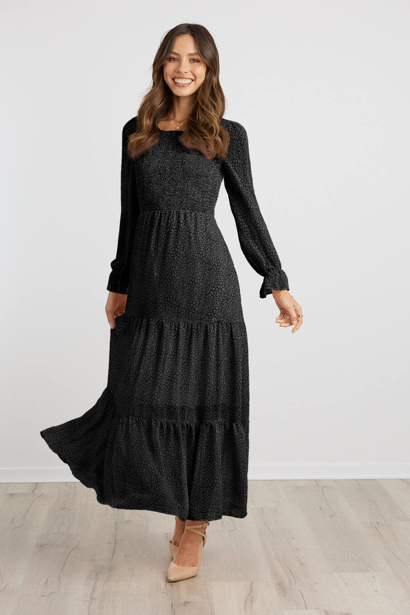 Casual Long Sleeve Round Neck Women Fall Dress Bohemian Loose Fit Floral Flowy Layered Maxi Dress